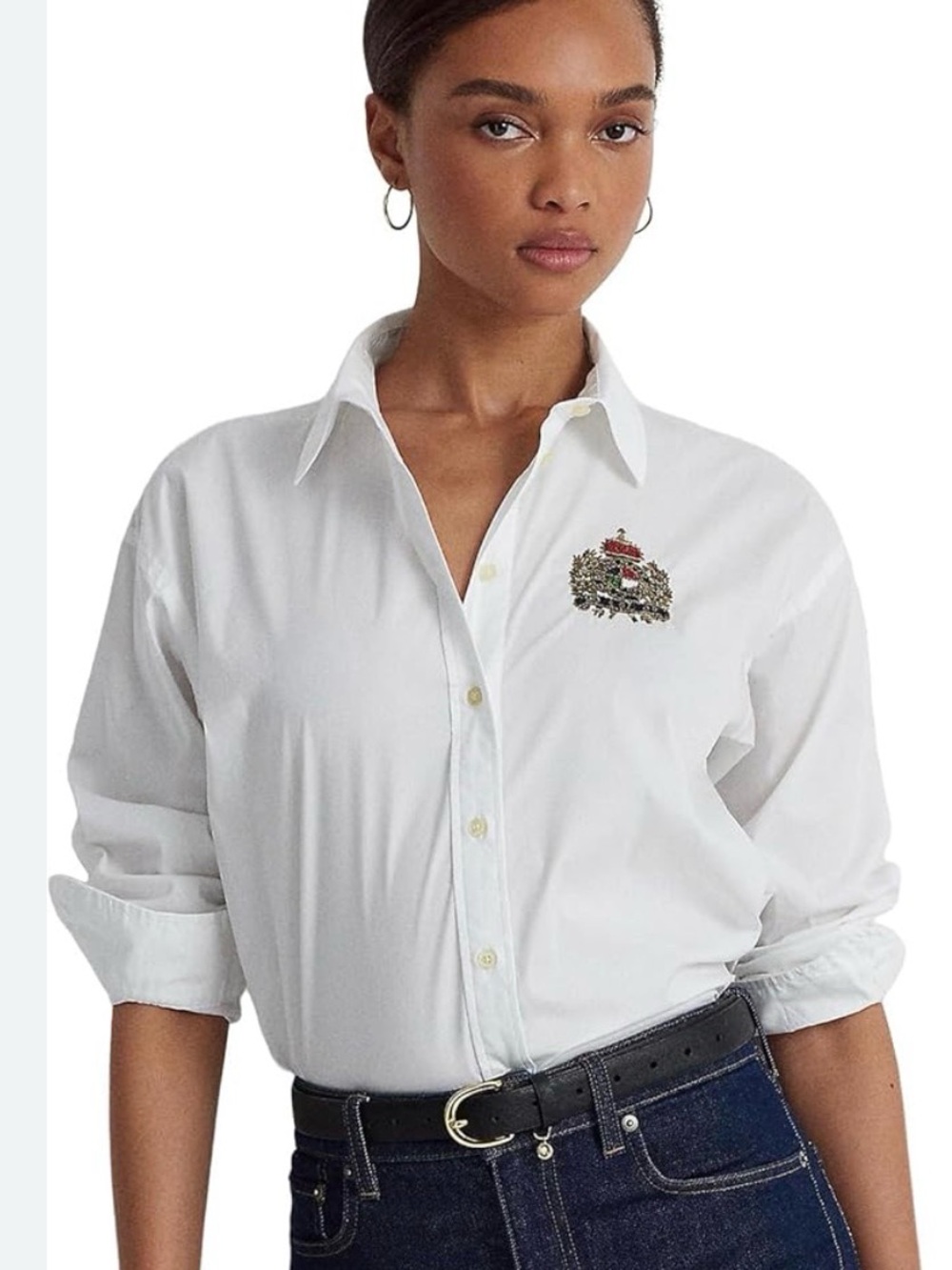 Ralph Lauren Kotta Long Sleeve Button down crisp white shirt Beaded Crest PL